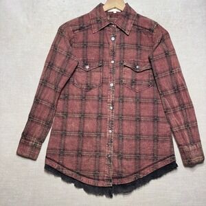 Gilded‎ Intent Distressed Plaid Button Shirt Mesh Lace Trim Grunge Western XS